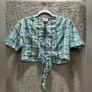 Dizzy Teal, White and Yellow Plaid Tie-Front Crop Top